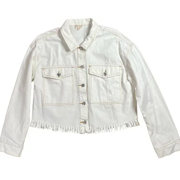 ANTHROPOLOGIE Hem & thread white jean jacket Frayed Hem 100% Cotton Size Large - Picture 4 of 10